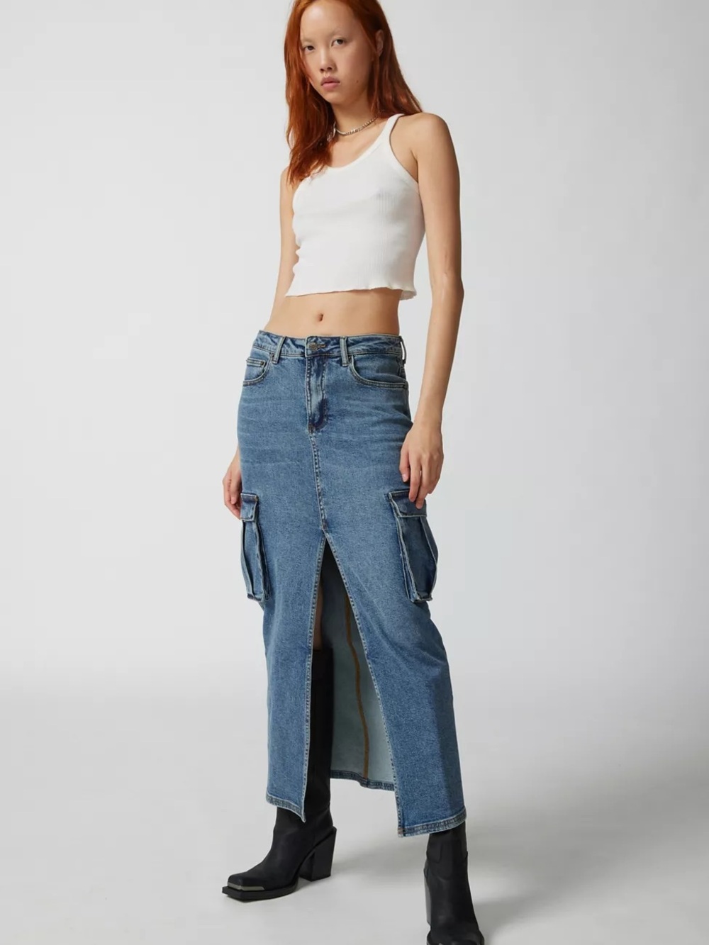 New Guess Blue Denim Cargo Maxi Skirt